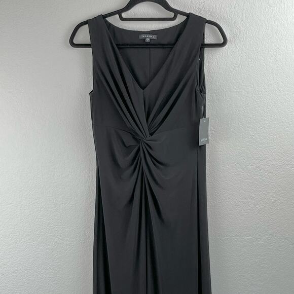 Marina Long V Neck Knot Front High Slit Sleeveless Black Maxi Dress NWT Small - Picture 6 of 15